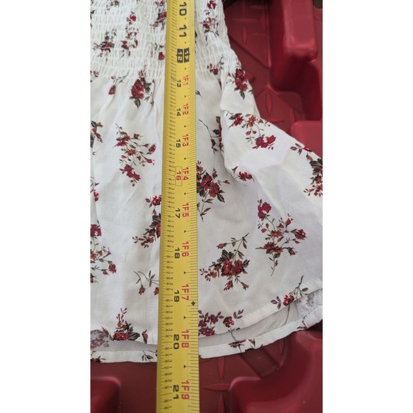 Floral Smocked Puff Sleeve Peplum Top White Red Square Neck Cottagecore Boho - Picture 6 of 6